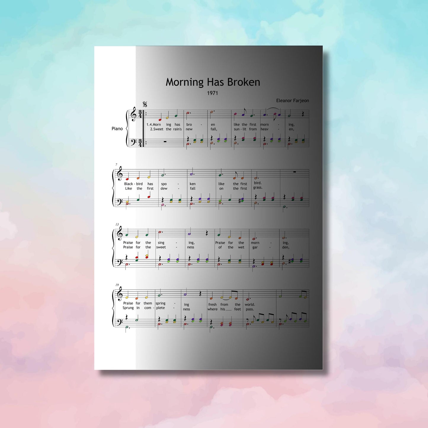 Morning Has Broken simplified piano sheet shown with MP3 player and notebook, digital bundle including video tutorial and printable PDF score.