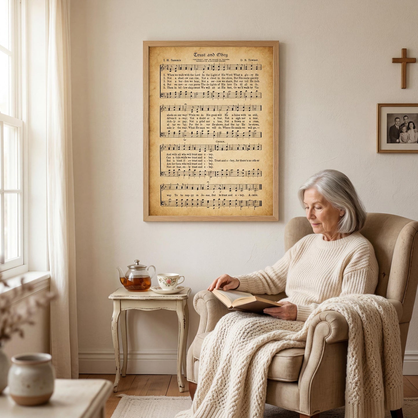 An elderly woman is sitting in a chair, reading a book, with a framed sheet music poster of a hymn hanging on the wall behind her.