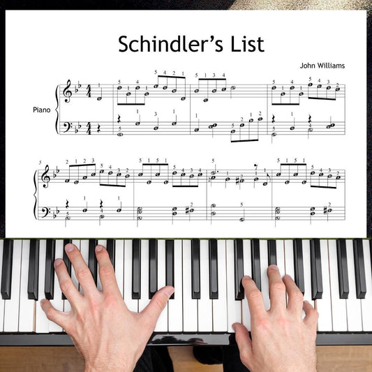 Schindler’s List simplified piano sheet music PDF includes a version with finger numbers for Grade 4-5 players. Ideal for learning hand positioning and improving confidence in intermediate piano playing.