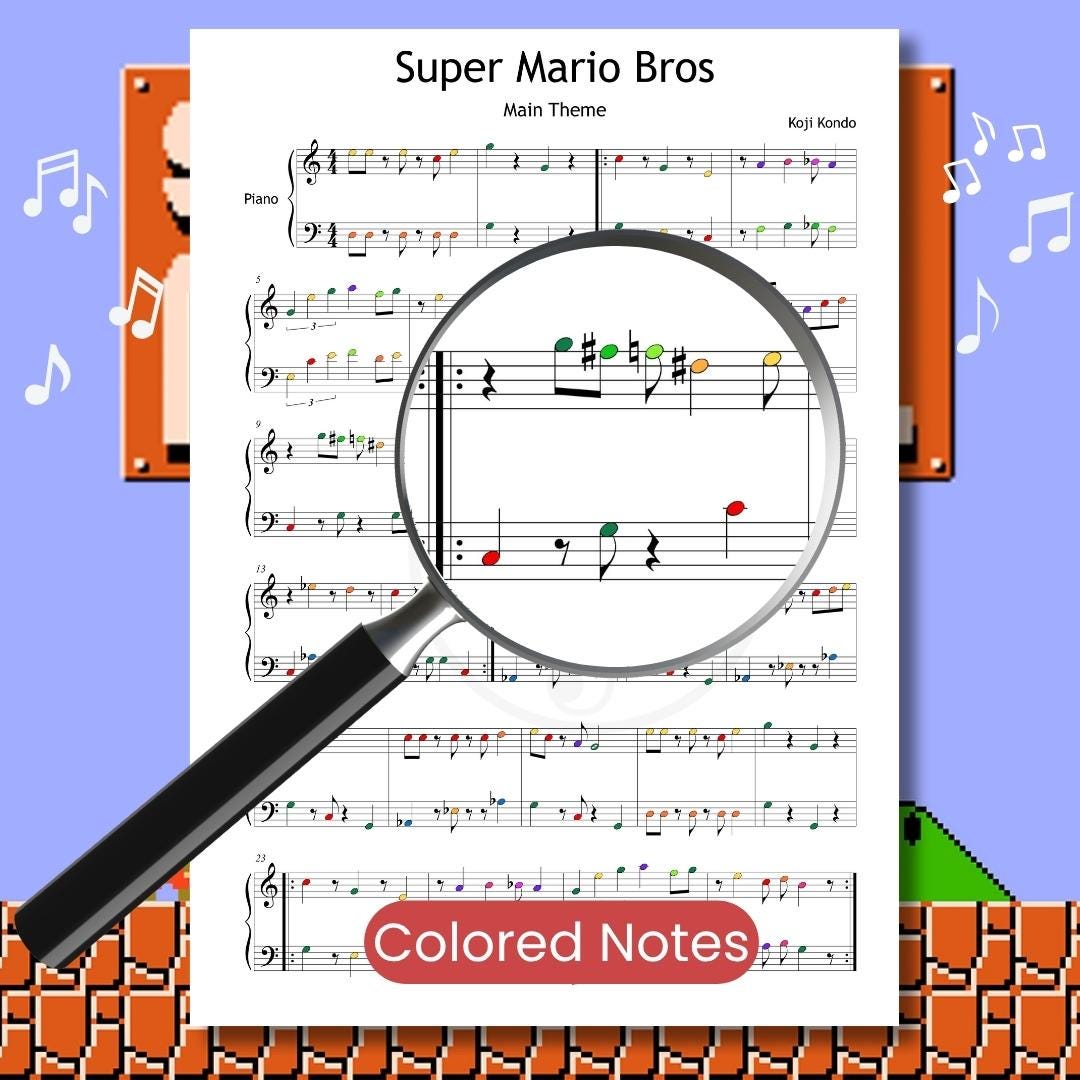 Color-coded notes appear on the Super Mario Bros. sheet music under a magnifying glass, showcasing its use as a visual learning aid. This colorful edition is perfect for learners developing note recognition skills.
