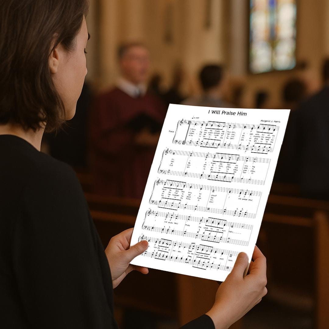 I Will Praise Him by Margaret J. Harris - downloadable and simplified piano sheet music PDF held by a choir member in rehearsal. Printable and ideal for personal practice or group singing environments.