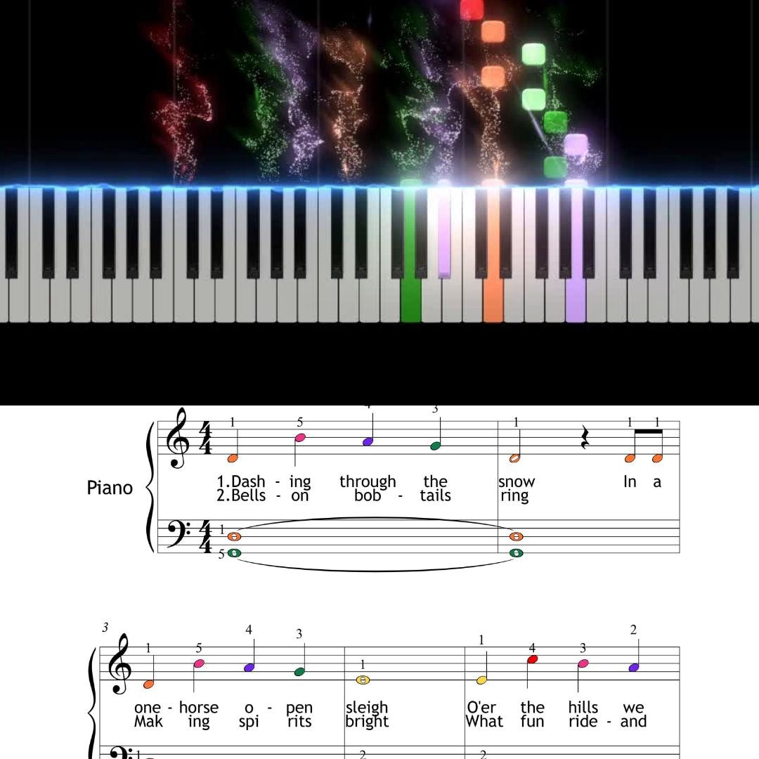 Jingle Bells by James Lord Pierpont downloadable and simplified piano sheet music PDF displayed with lyrics, finger numbers, note names, color-coded notes, and a violin stave in a clear Grade 1 engraving derived from manuscript sources, ideal for family duets and classroom music.