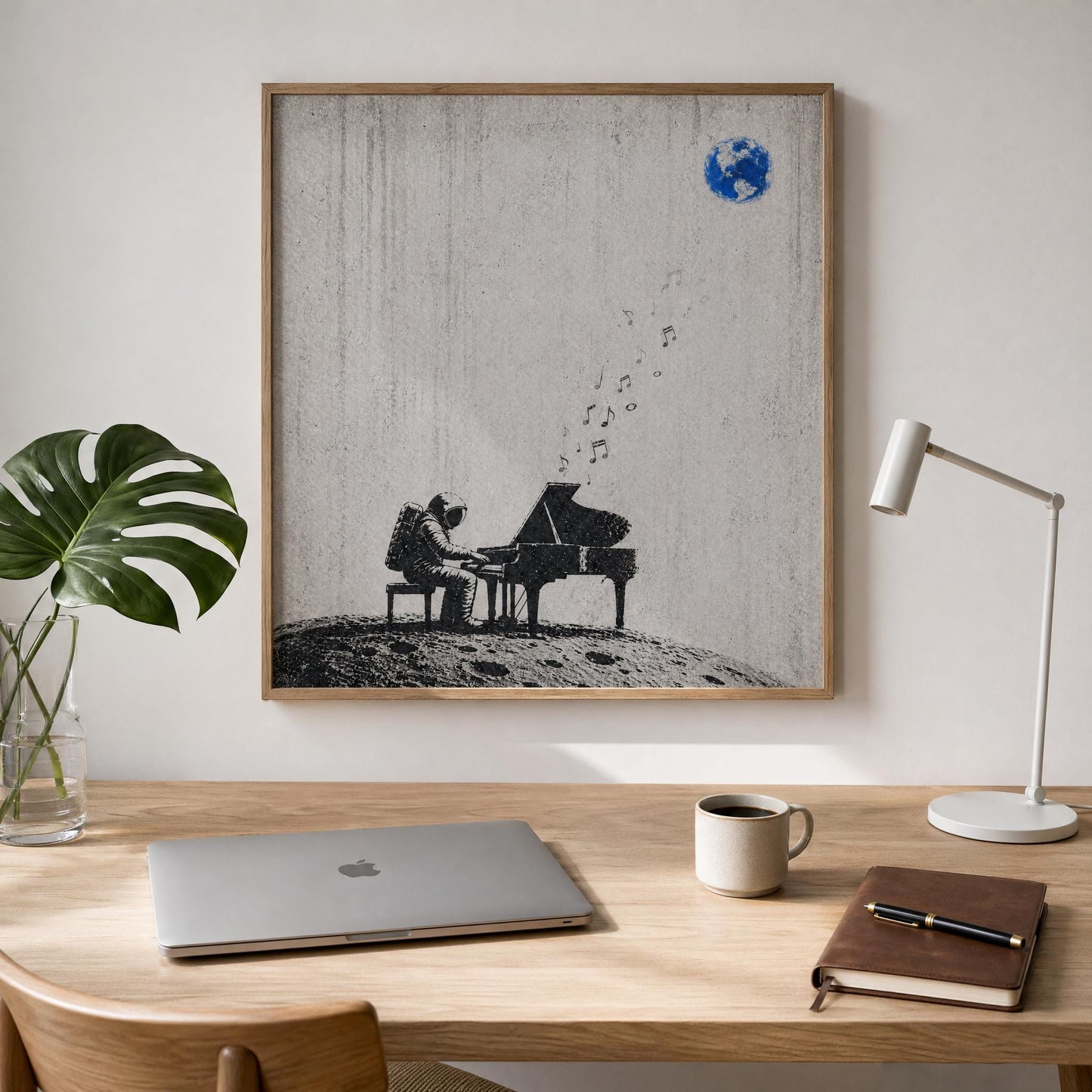 Astronaut Piano Wall Art – Minimalist Space Art | Black White Poster Digital Download