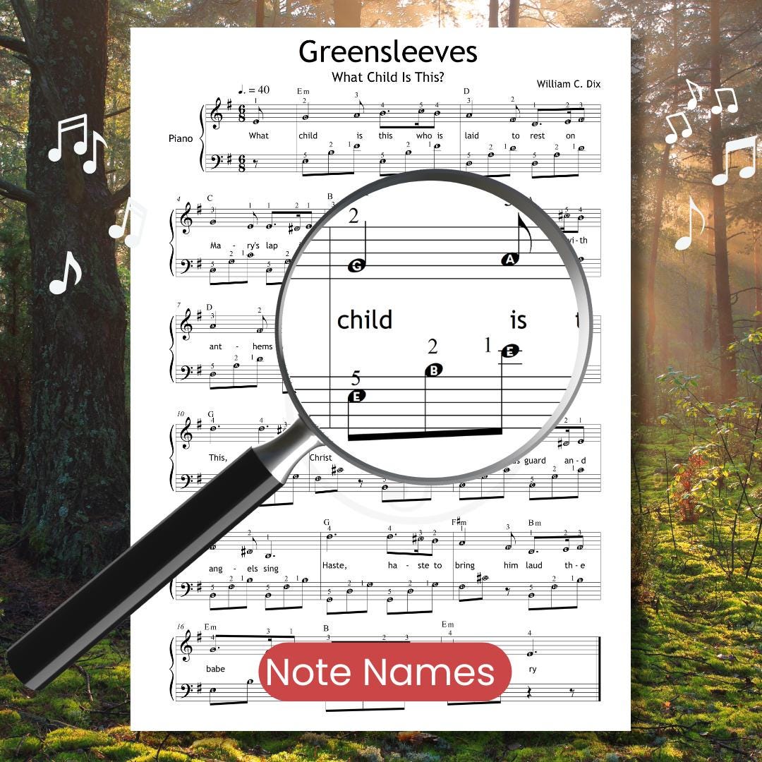 Greensleeves – What Child Is This? educational piano sheet music with note names marked for each note head. This version supports early learners and reinforces music reading fluency. Ideal for visual learners and independent study. Clean and printable format.