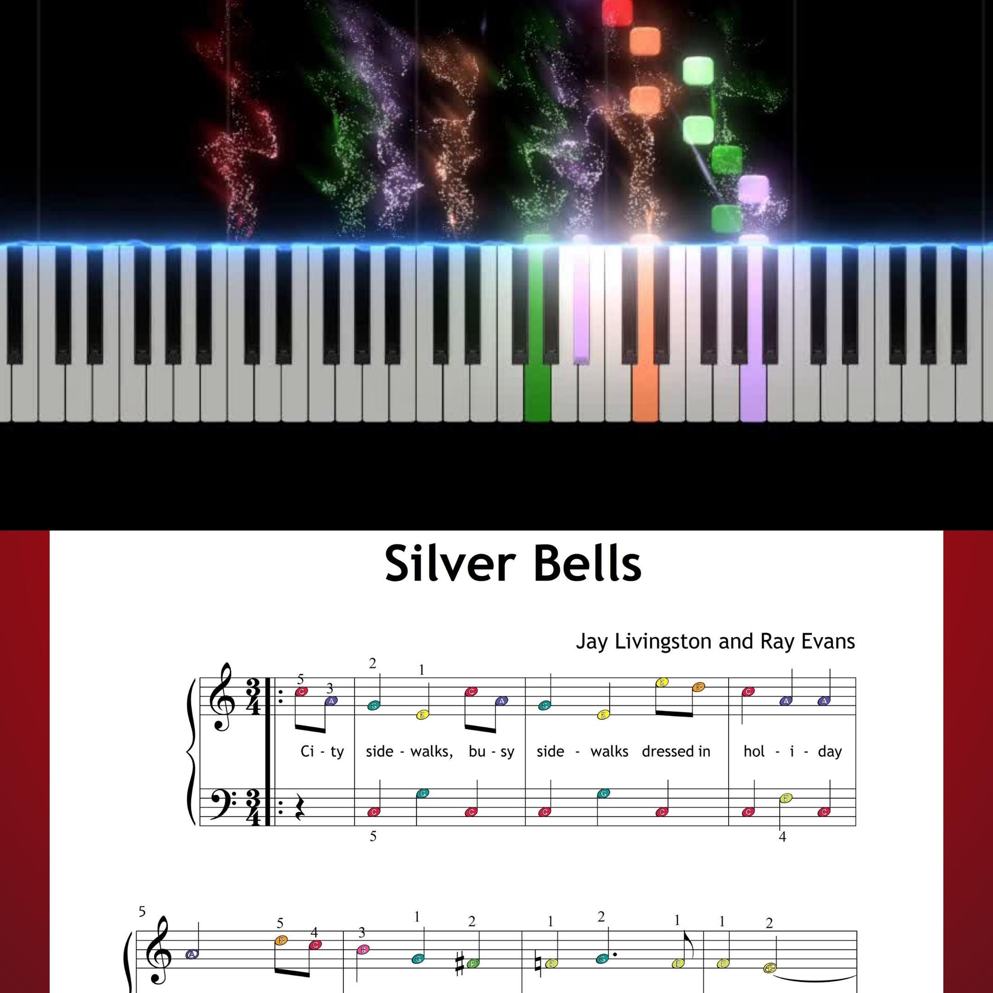 Silver Bells by Livingston & Evans downloadable and simplified piano sheet music PDF for Grade 1 beginners, offering lyrics, finger numbers, color-note guidance, and tablet-optimized PNGs great for December classroom use.