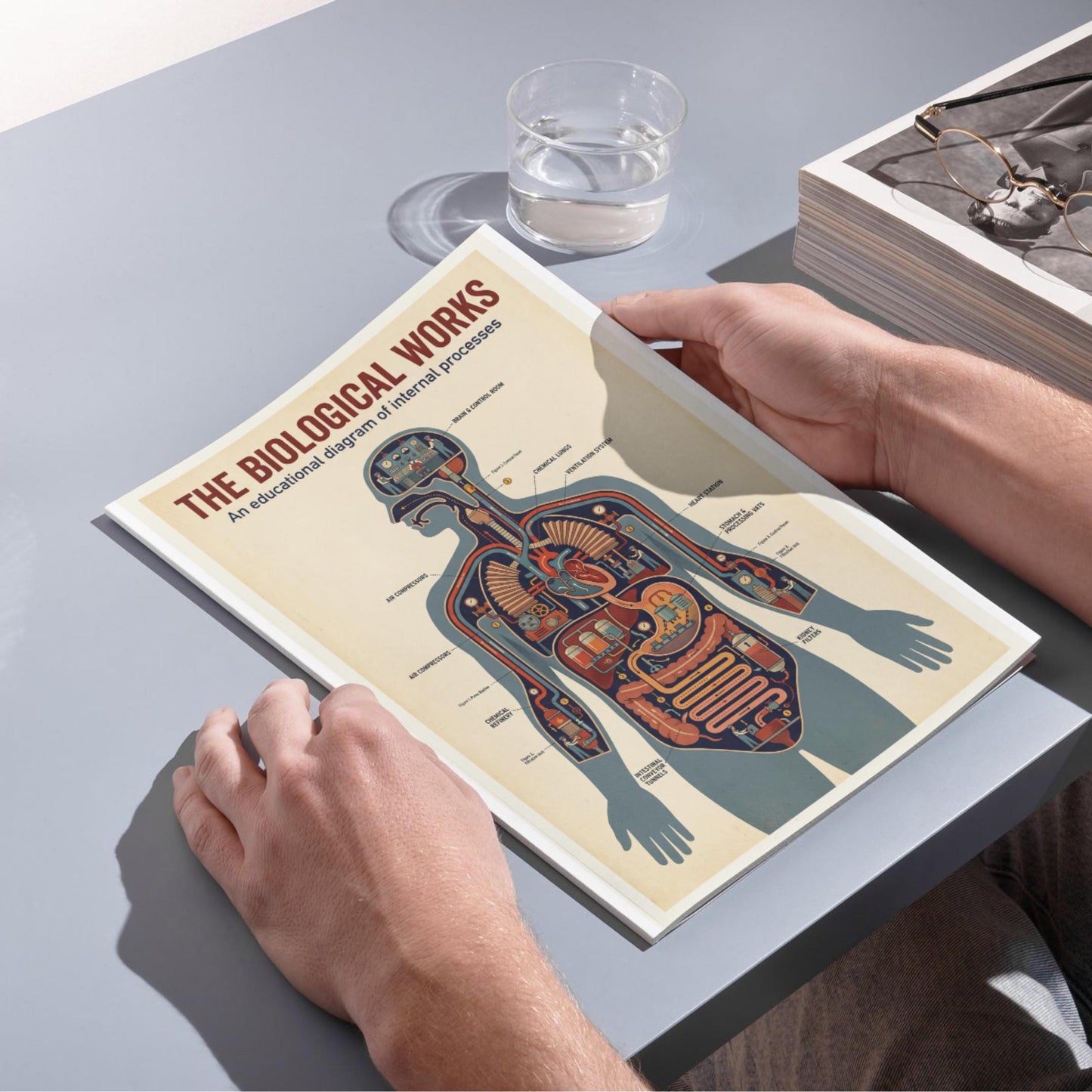 Human body as a machine anatomy poster digital download featuring a vintage-style cutaway illustration where biological functions are visualized as industrial mechanisms, ideal for science education, anatomy reference, and unique laboratory wall decor.