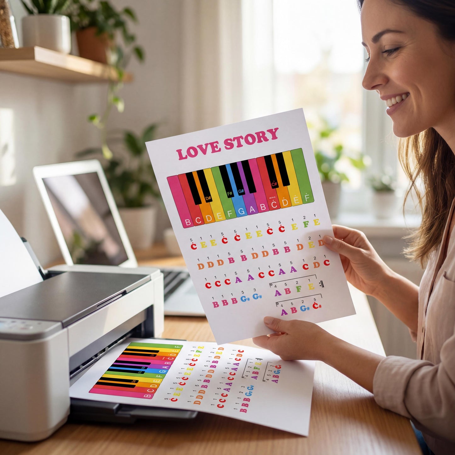 Love Story very easy piano letter note version Grade 0, using clear visual keyboard reference, bold note letters, and simplified rhythm patterns for young learners and visual music education environments.