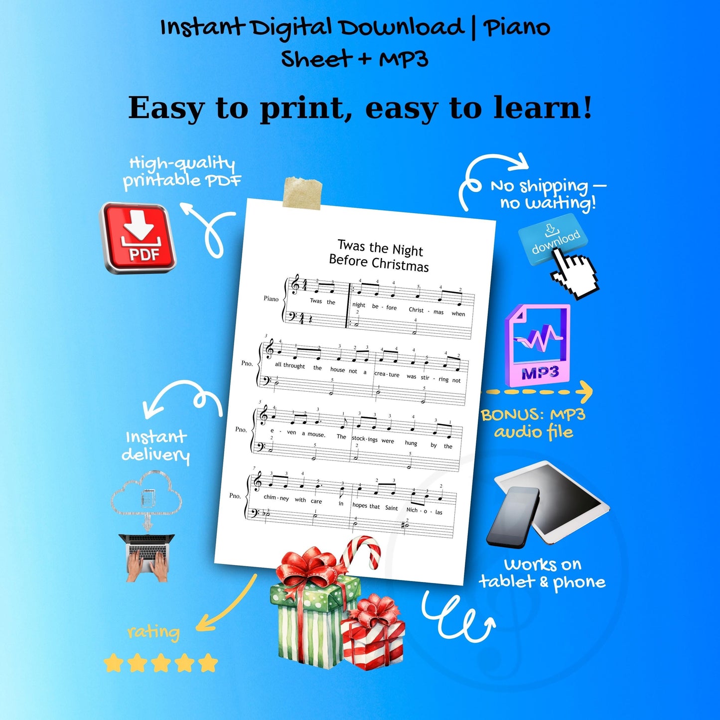 ’Twas the Night Before Christmas simplified piano sheet PDF download, Grade 1–2 holiday arrangement designed for small hands with large notes, finger numbers, letter notes, and color-coded versions, printable PDF and tablet-ready PNG, MP3 demo audio included, perfect for Christmas Eve recitals and teaching.