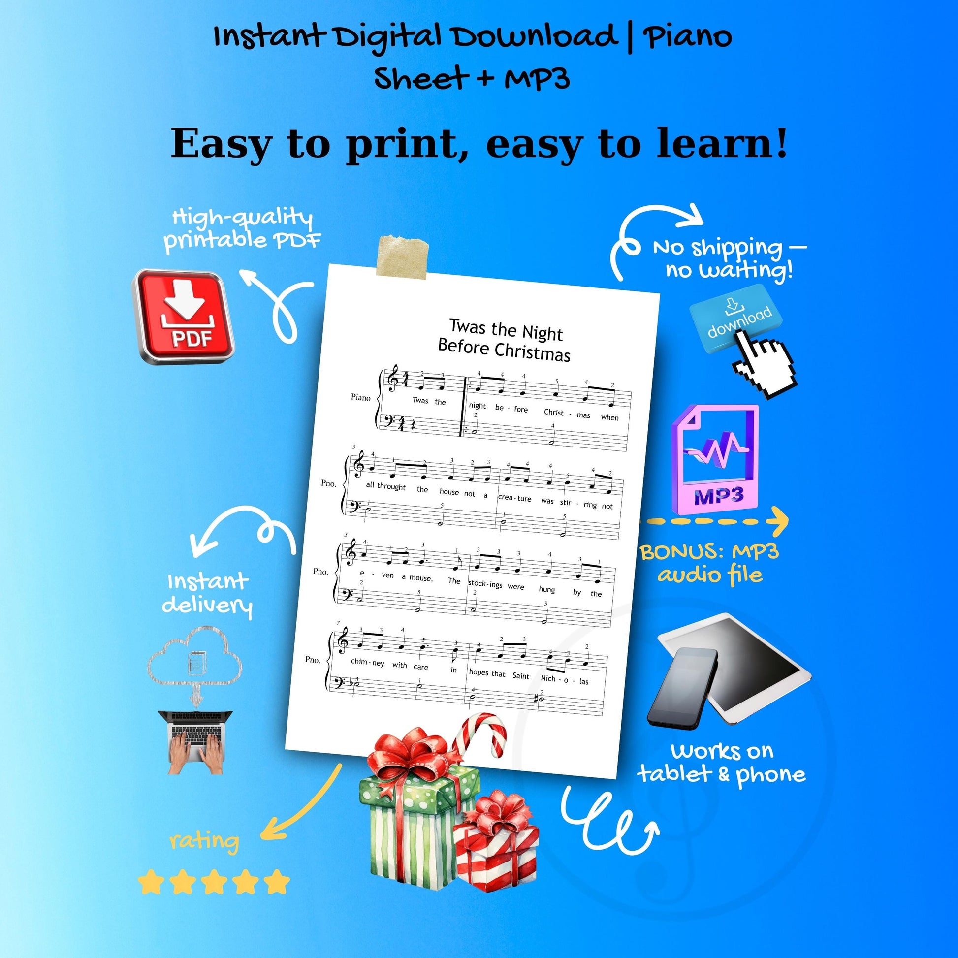 ’Twas the Night Before Christmas simplified piano sheet PDF download, Grade 1–2 holiday arrangement designed for small hands with large notes, finger numbers, letter notes, and color-coded versions, printable PDF and tablet-ready PNG, MP3 demo audio included, perfect for Christmas Eve recitals and teaching.