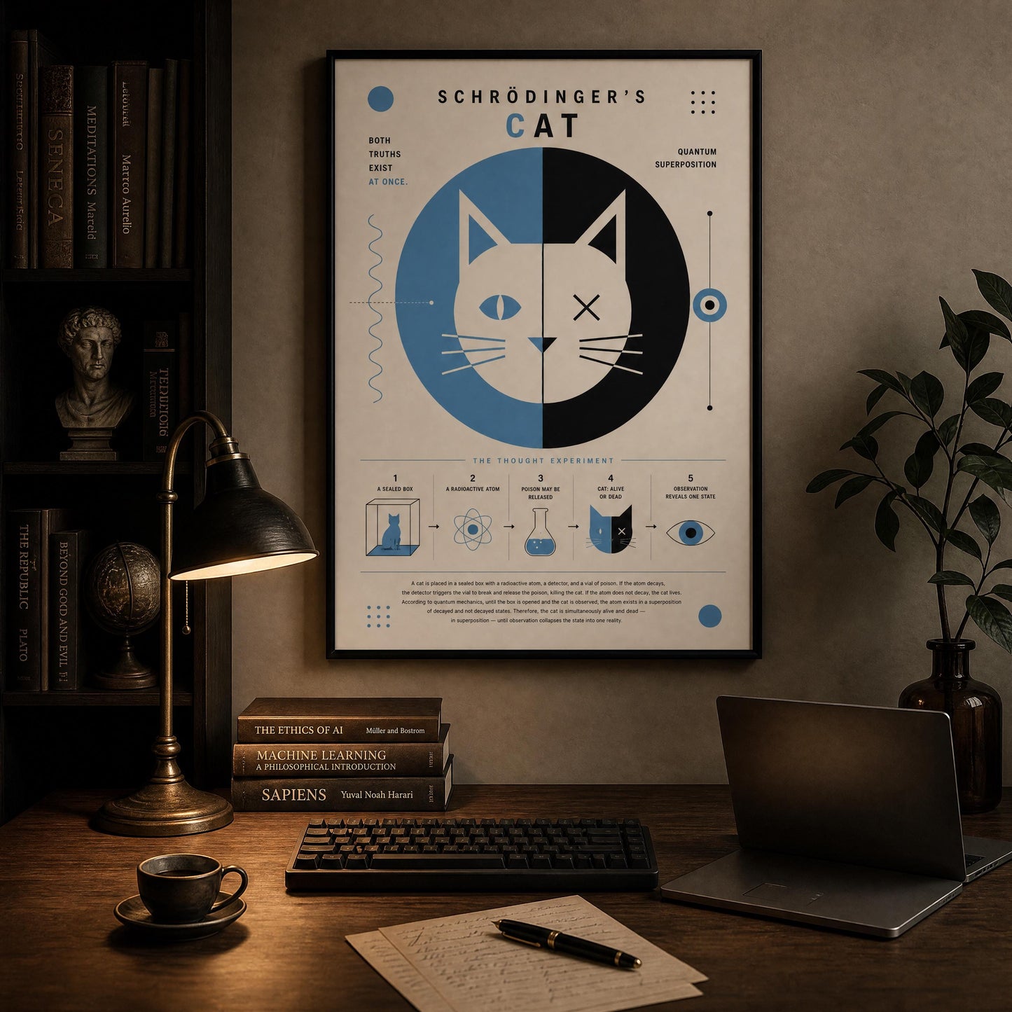 a workspace with a desk, a laptop, a lamp, a bookshelf, and a poster of Schrödinger's cat.