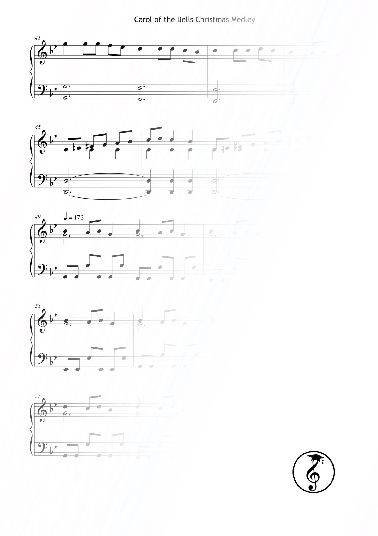 Carol of the Bells Christmas Medley piano sheet (Grade 4) – professional printable PDF for intermediate pianists. Features layered textures and powerful rhythmic drive, ideal for Christmas performances, church events, and seasonal concerts. Instant digital download, elegant Christmas piano music.