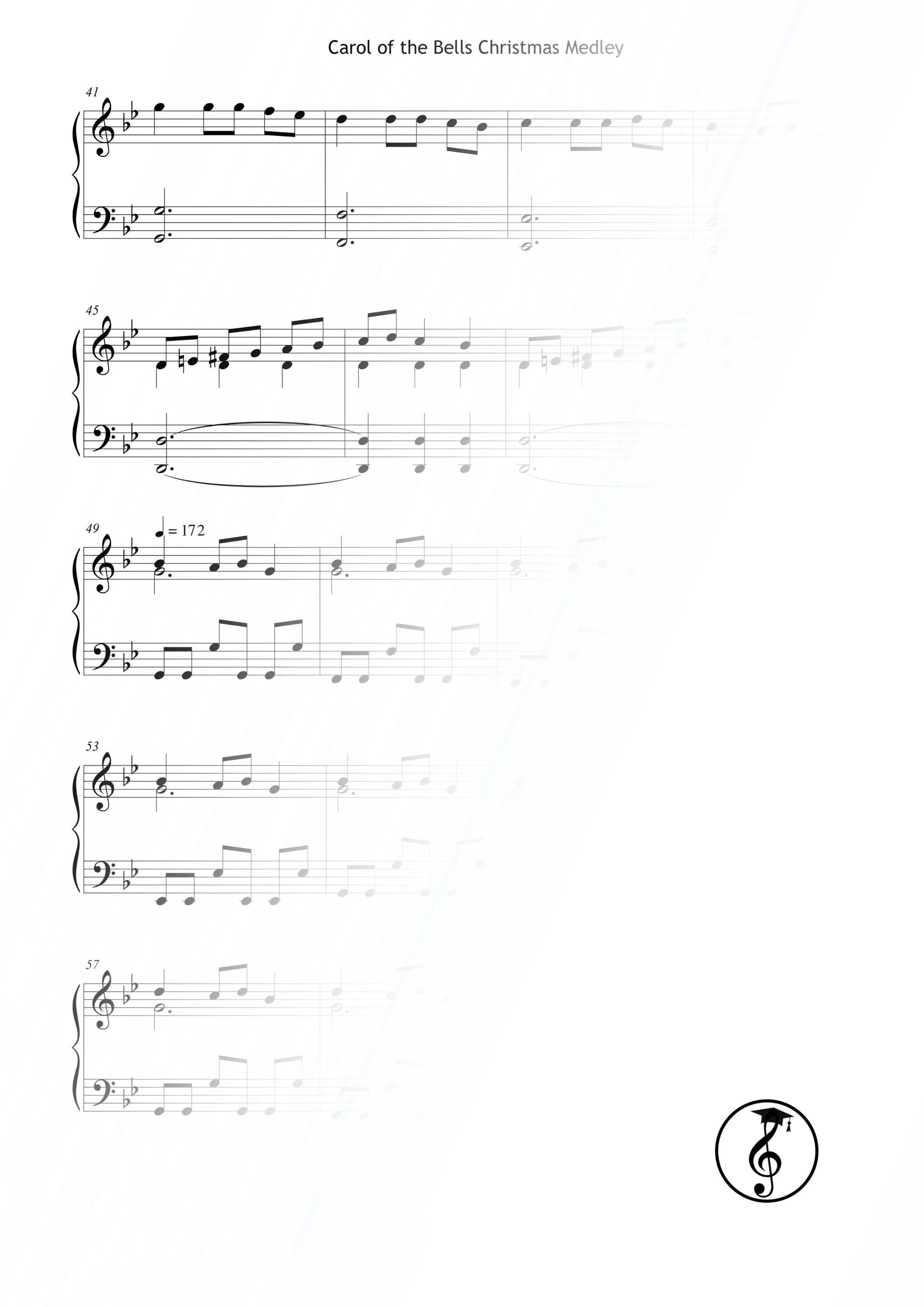 Carol of the Bells Christmas Medley piano sheet (Grade 4) – professional printable PDF for intermediate pianists. Features layered textures and powerful rhythmic drive, ideal for Christmas performances, church events, and seasonal concerts. Instant digital download, elegant Christmas piano music.