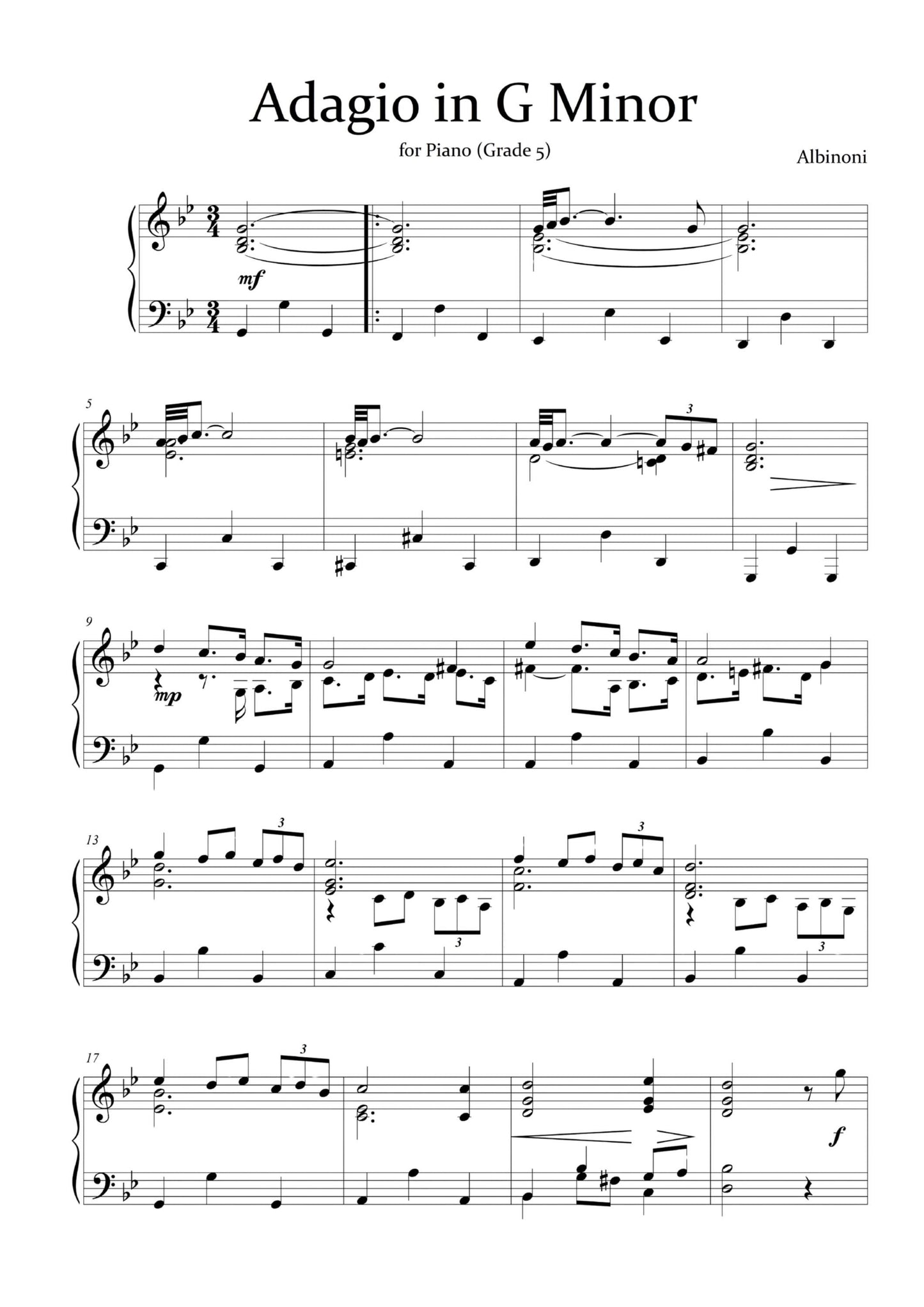 Adagio in G Minor Sheet Music – Grade 5 Piano Music | Professional Albinoni Arrangement PDF