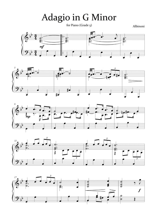 Adagio in G Minor Sheet Music – Grade 5 Piano Music | Professional Albinoni Arrangement PDF