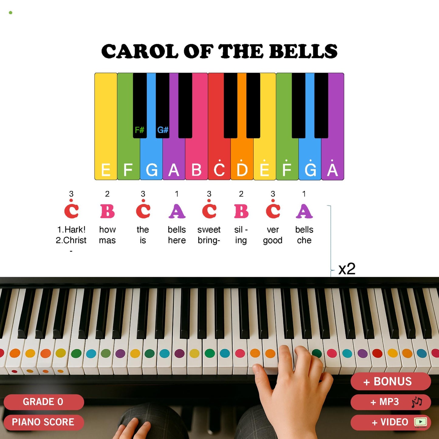 Carol of the Bells by Mykola Leontovych downloadable and simplified piano sheet music PDF shown in a Grade 0 one-hand beginner layout with finger numbers, color-coded notes, note-name letters, and manuscript-based engraving, designed for young children learning a Christmas classic.