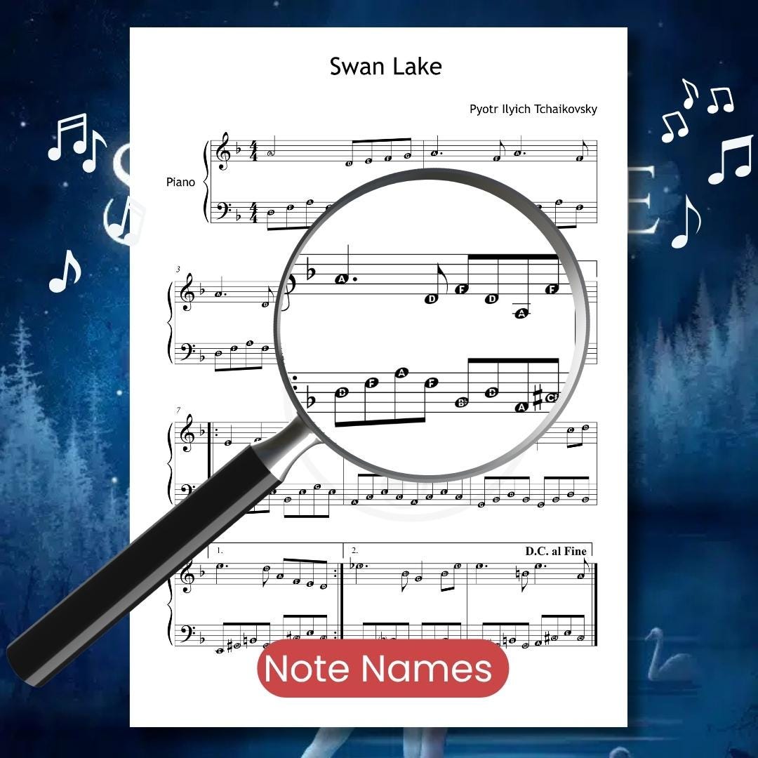 Swan Lake Theme by Pyotr Ilyich Tchaikovsky downloadable and simplified piano sheet music PDF displayed with note-name annotations, finger numbers, and color-coded notes in a clear Grade 3 engraving derived from manuscript sources, ideal for developing phrasing and dynamic control.