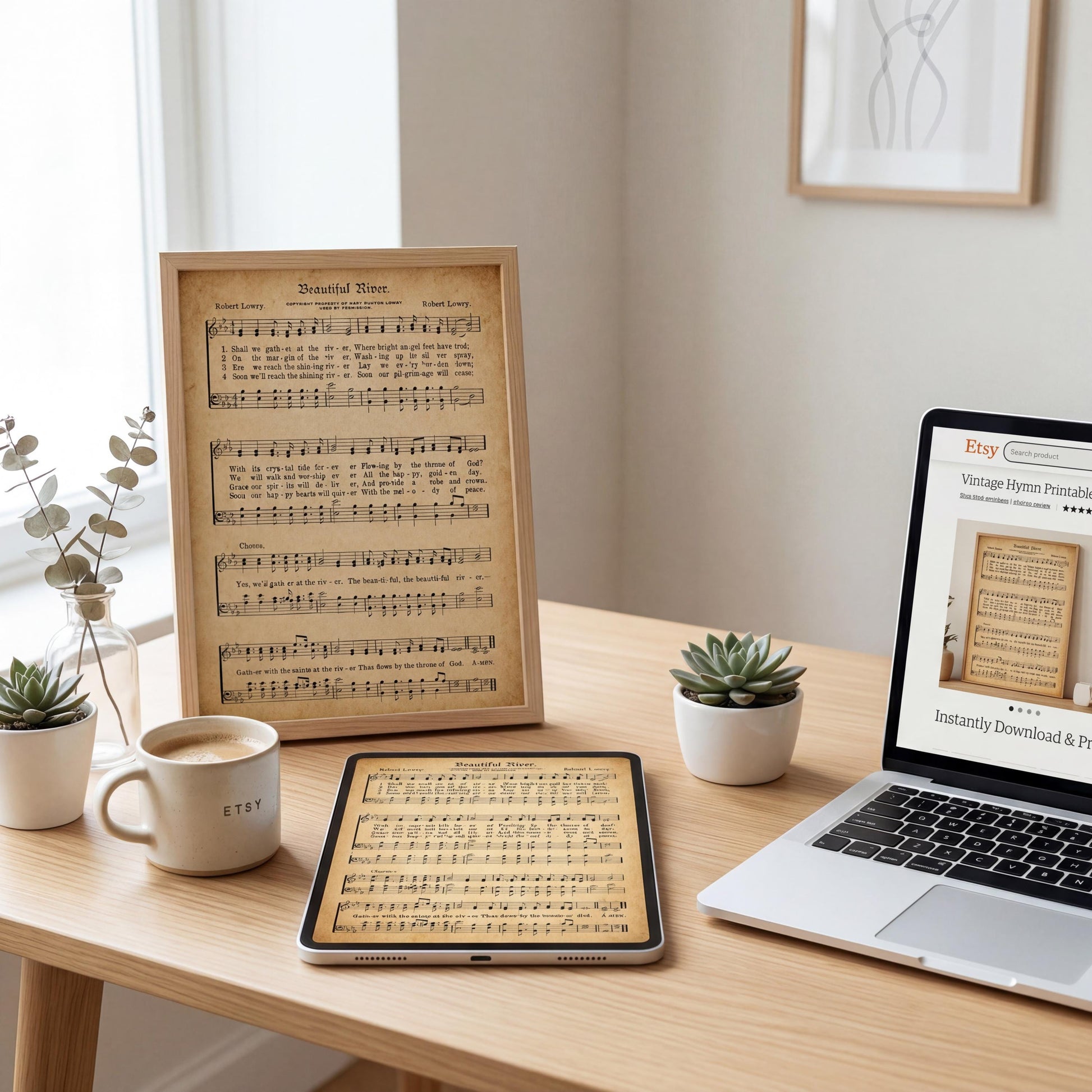 a wooden desk with various items on it, including a framed sheet of music, a laptop, a coffee cup, and a tablet displaying a song. There are also some plants and decorative items on the desk.