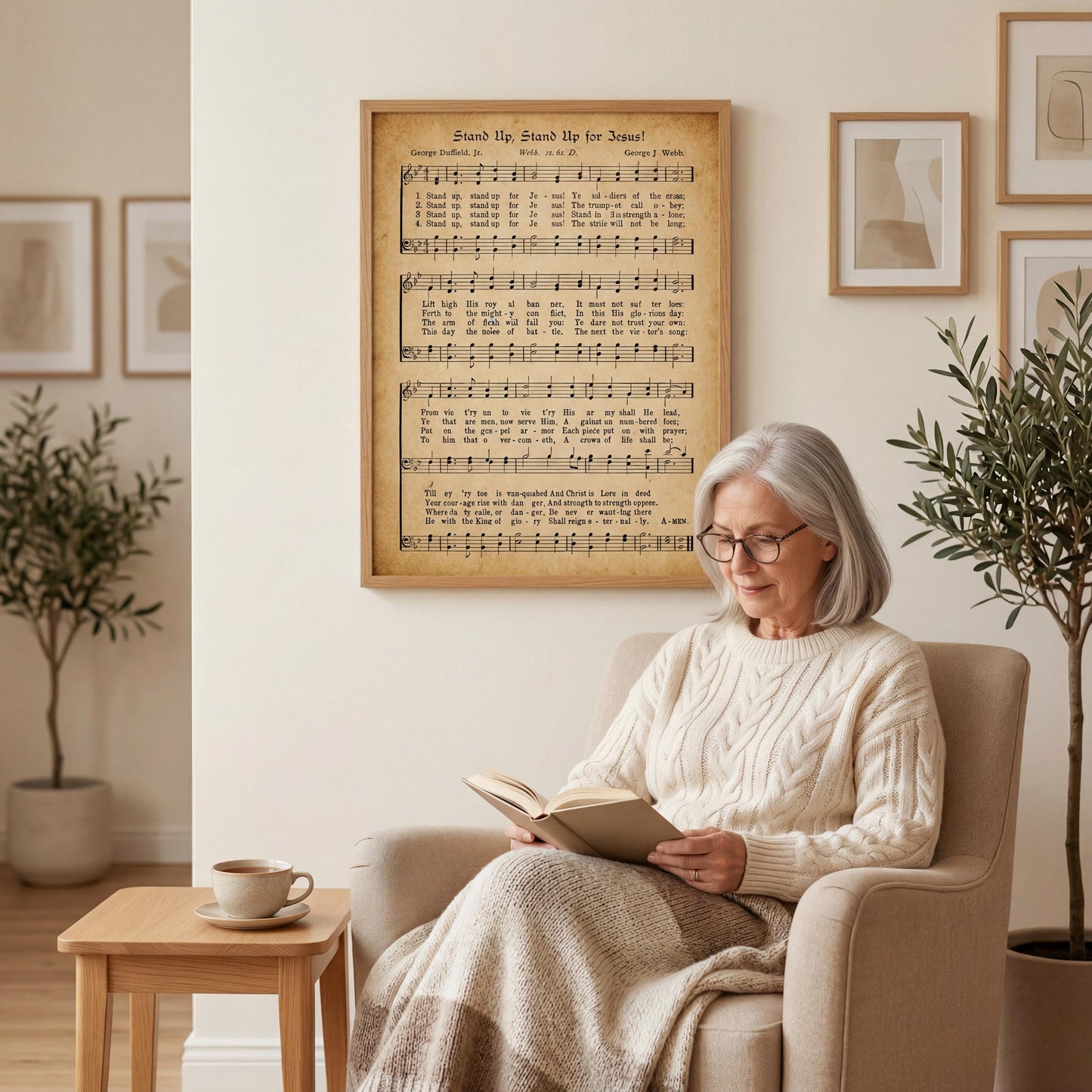 An elderly woman is sitting in a chair, reading a book, with a framed sheet music of a song on the wall behind her.