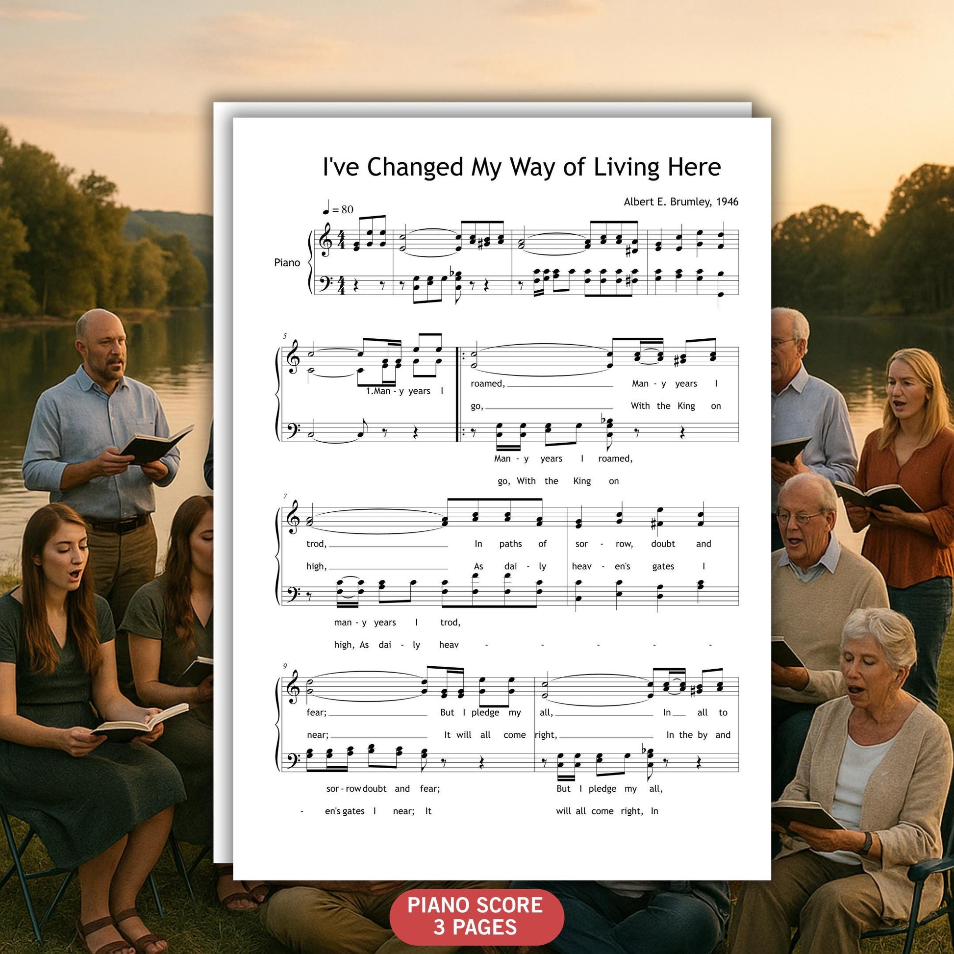 I’ve Changed My Way of Living by A. E. Brumley downloadable and simplified piano sheet music PDF presented in an SATB choir layout with piano accompaniment, including finger-number guidance, color-coded notation, and note-name support, all carefully aligned with manuscript references and complete gospel text.