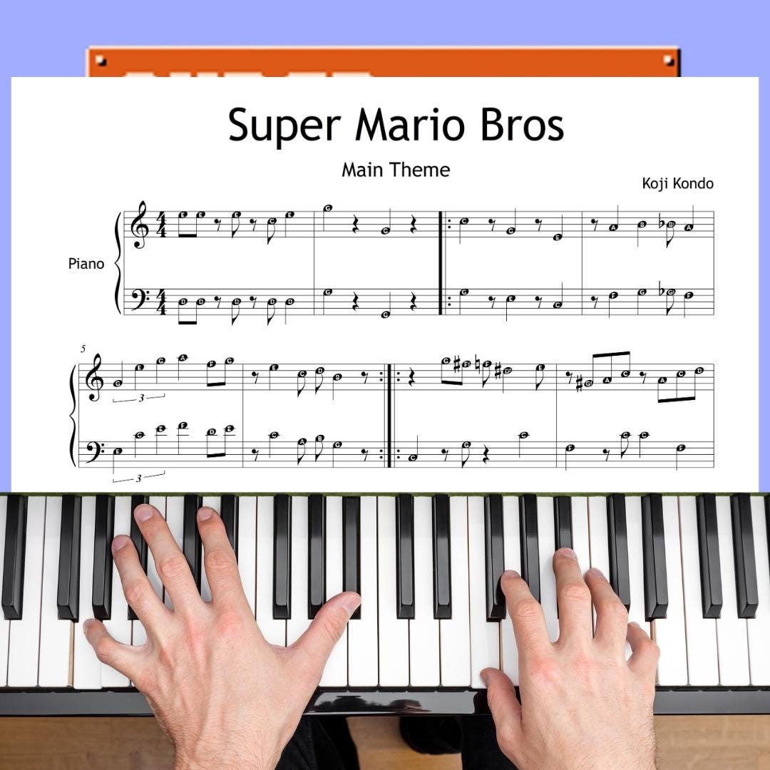 A close-up image of a pianist’s hands playing the Super Mario Bros. Main Theme with the corresponding sheet music above the keyboard. This educational visual highlights performance posture and fingering for intermediate learners.