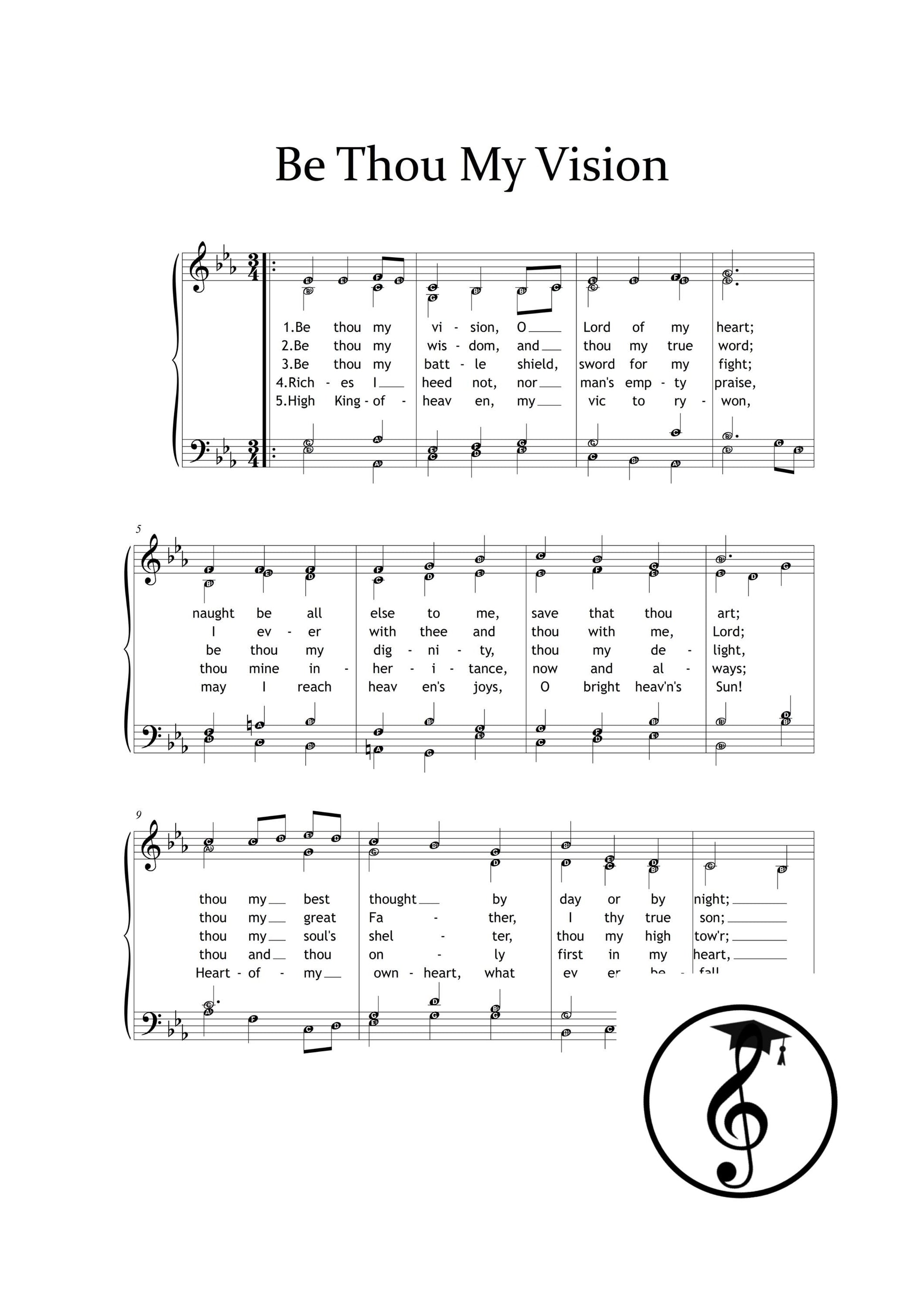 Be Thou My Vision traditional Irish hymn by Mary Byrne downloadable and simplified piano sheet music PDF displayed with choral lines and piano reduction, showing finger numbers, note names, and color-coded notes in a clean engraving ideal for church rehearsals and congregational singing.