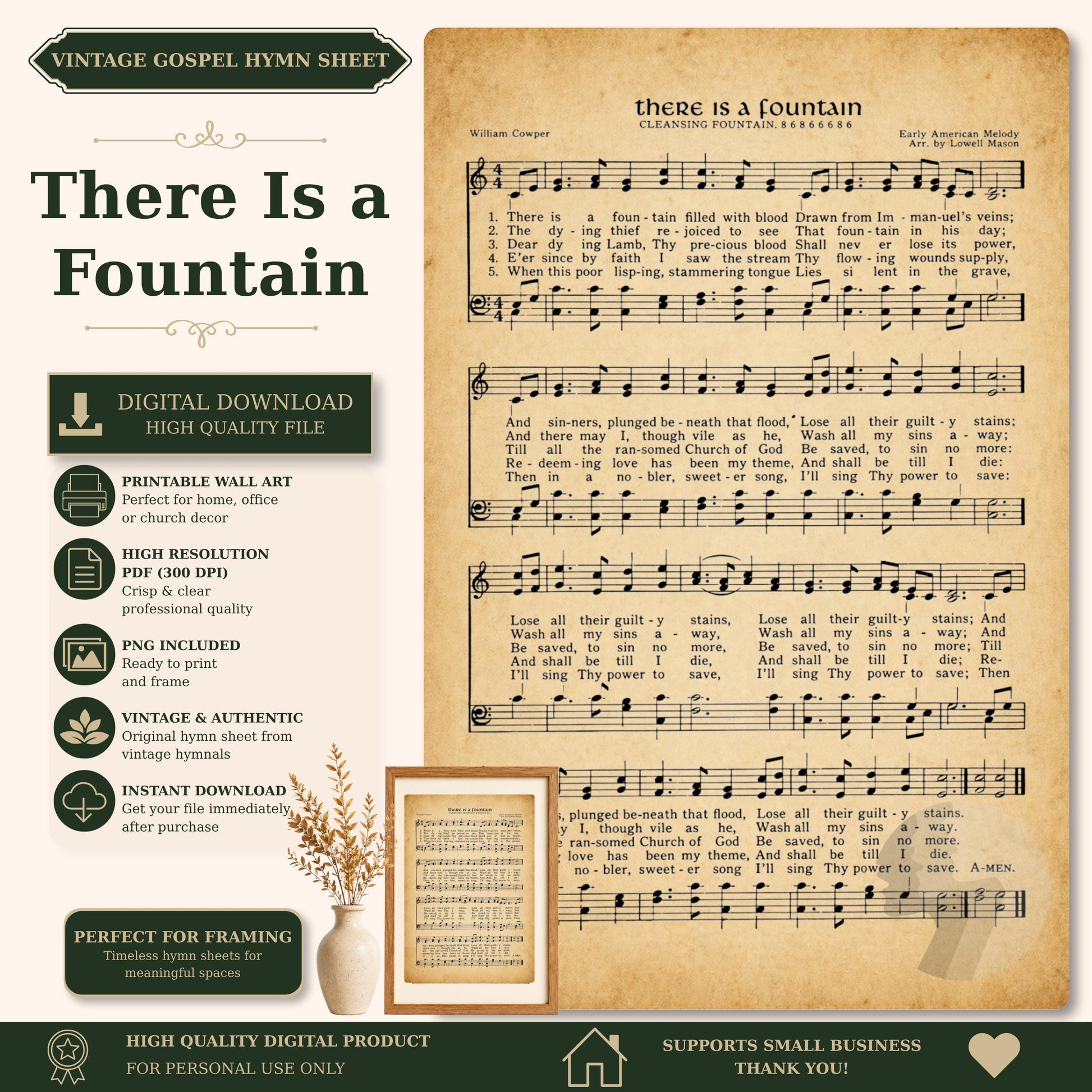 The image is a vintage sheet music for a hymn titled "There Is a Fountain" by William Cowper, featuring sheet music and lyrics.