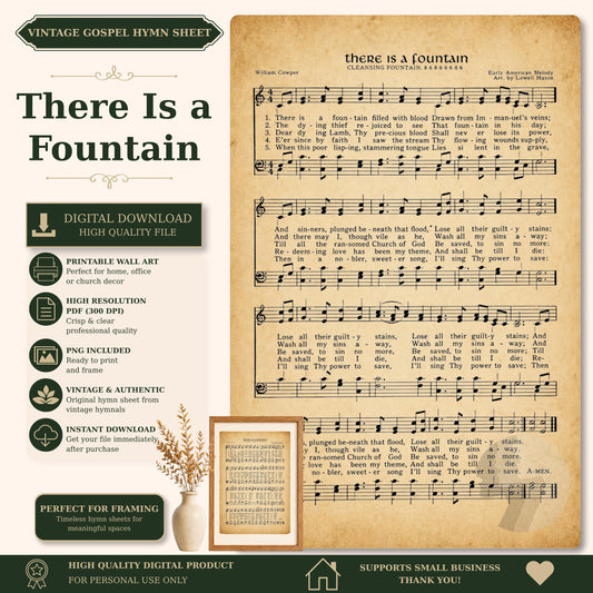 The image is a vintage sheet music for a hymn titled "There Is a Fountain" by William Cowper, featuring sheet music and lyrics.