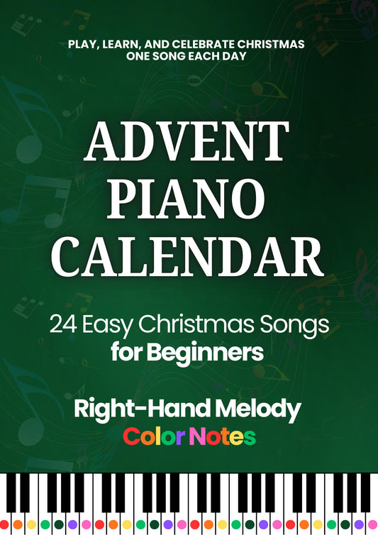 Advent Piano Calendar by Muzik Akademik Sheets downloadable and simplified Christmas piano book PDF for kids, featuring 24 right-hand-only easy songs, color-coded notes, storybook pages, QR video links, and festive illustrations, perfect for young beginners during the Advent season.Angels We Have Heard on High, O Christmas Tree, Good King Wenceslas, Ding Dong Merrily on High, Deck the Halls, Jingle Bells, Joy to the World, Hark the Herald Angels Sing, Have Yourself a Merry Little Christmas