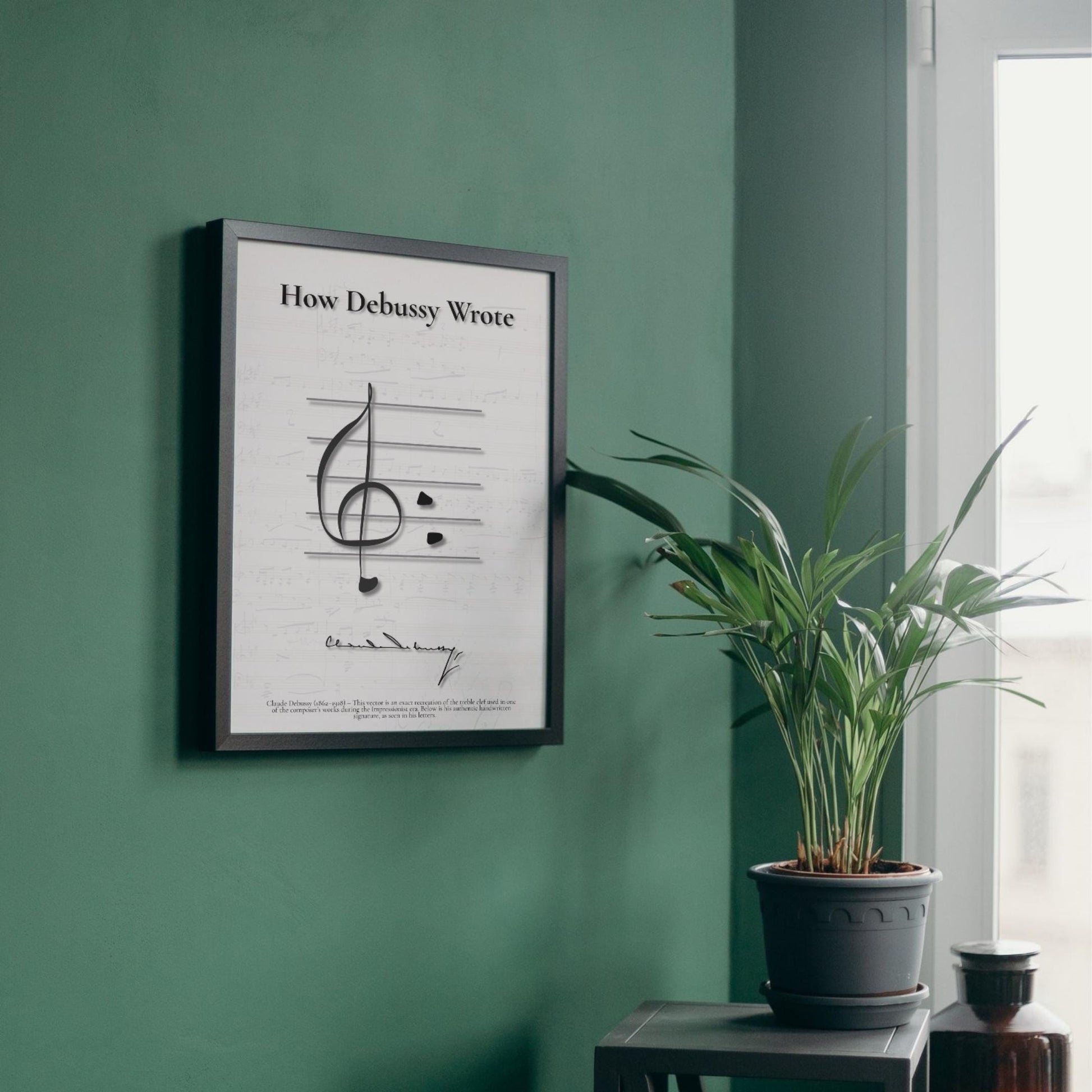 Vintage Music Manuscript Poster Set showing treble clefs and signatures from Baroque, Classical, Romantic, Impressionist, and Modern composers including Vivaldi, Bach, Haydn, Mozart, Beethoven, Schubert, Brahms, Debussy, Stravinsky, and Shostakovich.