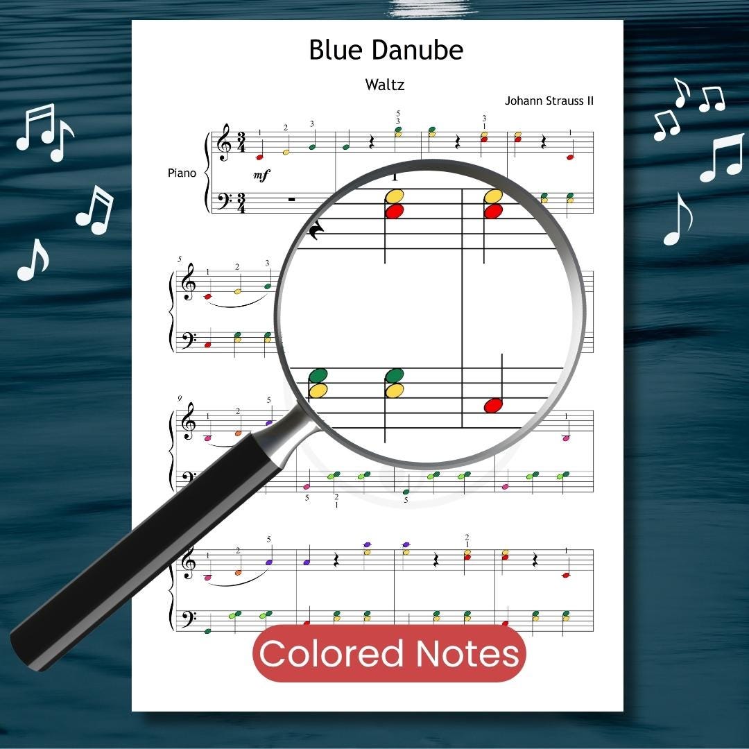 Blue Danube by Johann Strauss - Grade 3 Printable PDF, Colored Notes, Finger Numbers and Video Lesson