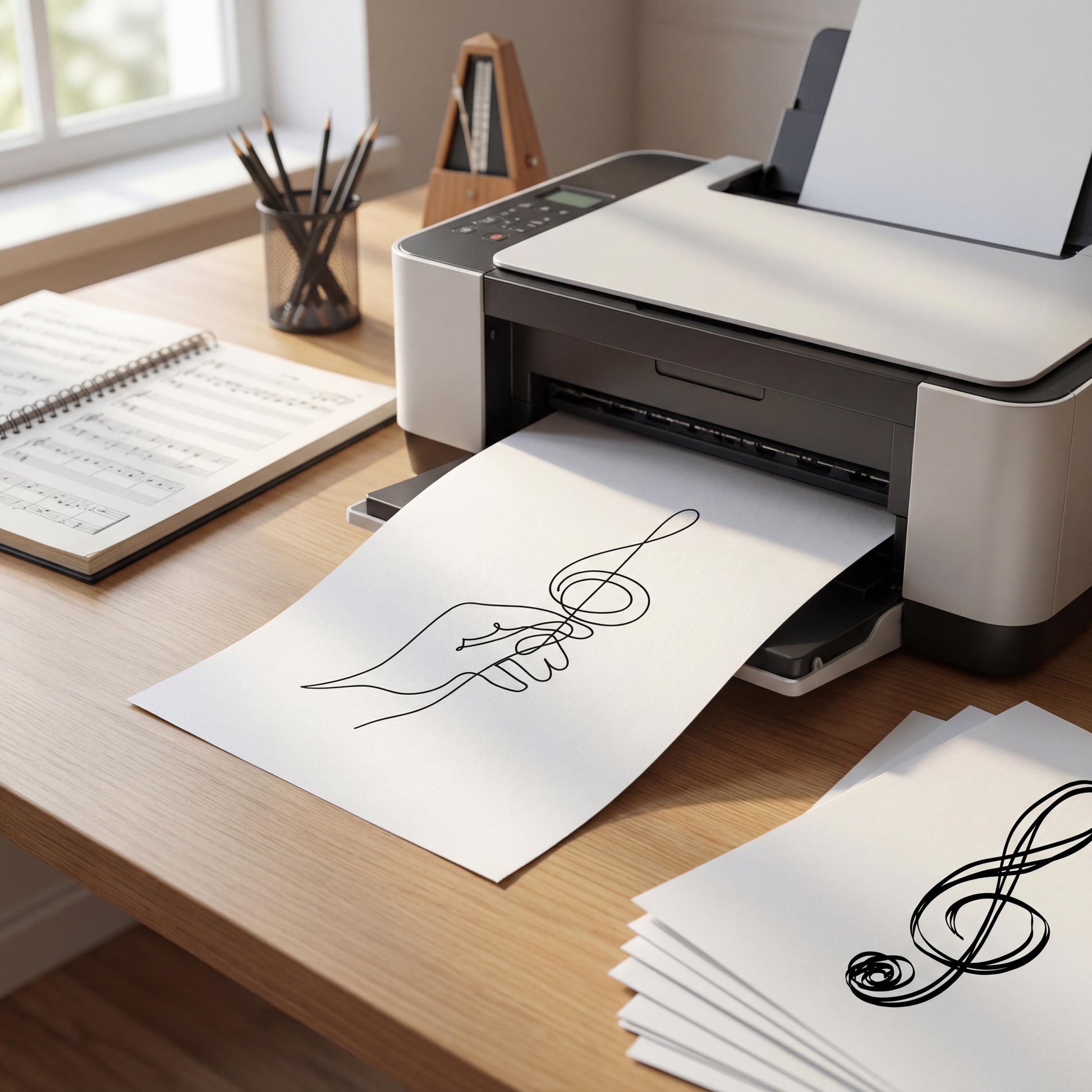 Music line art wall decor printable featuring clean black single-line drawings inspired by music education and performance, ideal for music schools, private teachers, and contemporary studio interiors.
