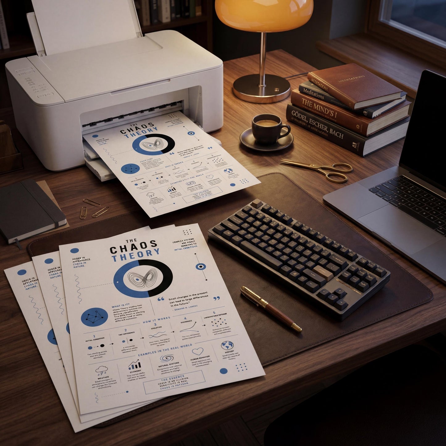 a desk with various office supplies and equipment, including a printer, a laptop, a keyboard, a lamp, and several books.