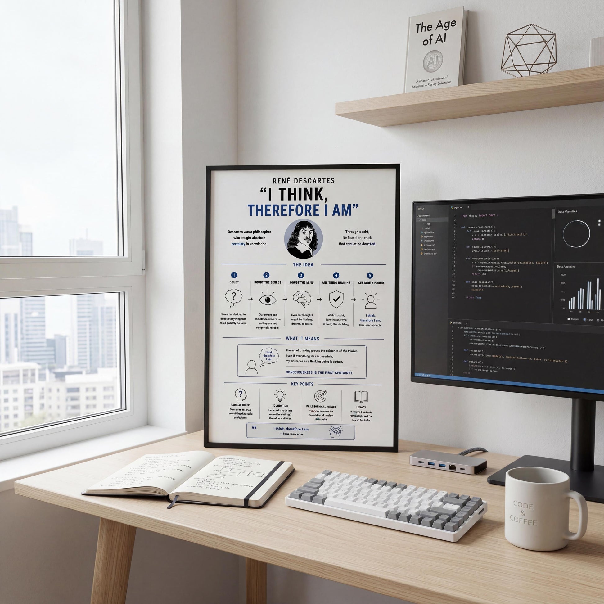 a desk with a computer monitor, keyboard, and a poster or presentation on the wall. The poster has a title "I THINK, THEREFORE I AM" and includes a diagram and text explaining the concept of "decoding the mind".