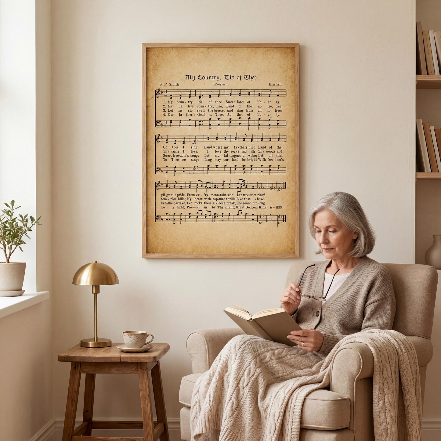 A woman is sitting in a chair, reading a book, with a framed sheet music poster of a song hanging on the wall behind her.