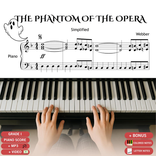 Phantom of the Opera by Andrew Lloyd Webber Grade 1–2 easy piano sheet music PDF, simplified Halloween edition for beginners with color notes, note names, MP3 demo, and MP4 tutorial video.