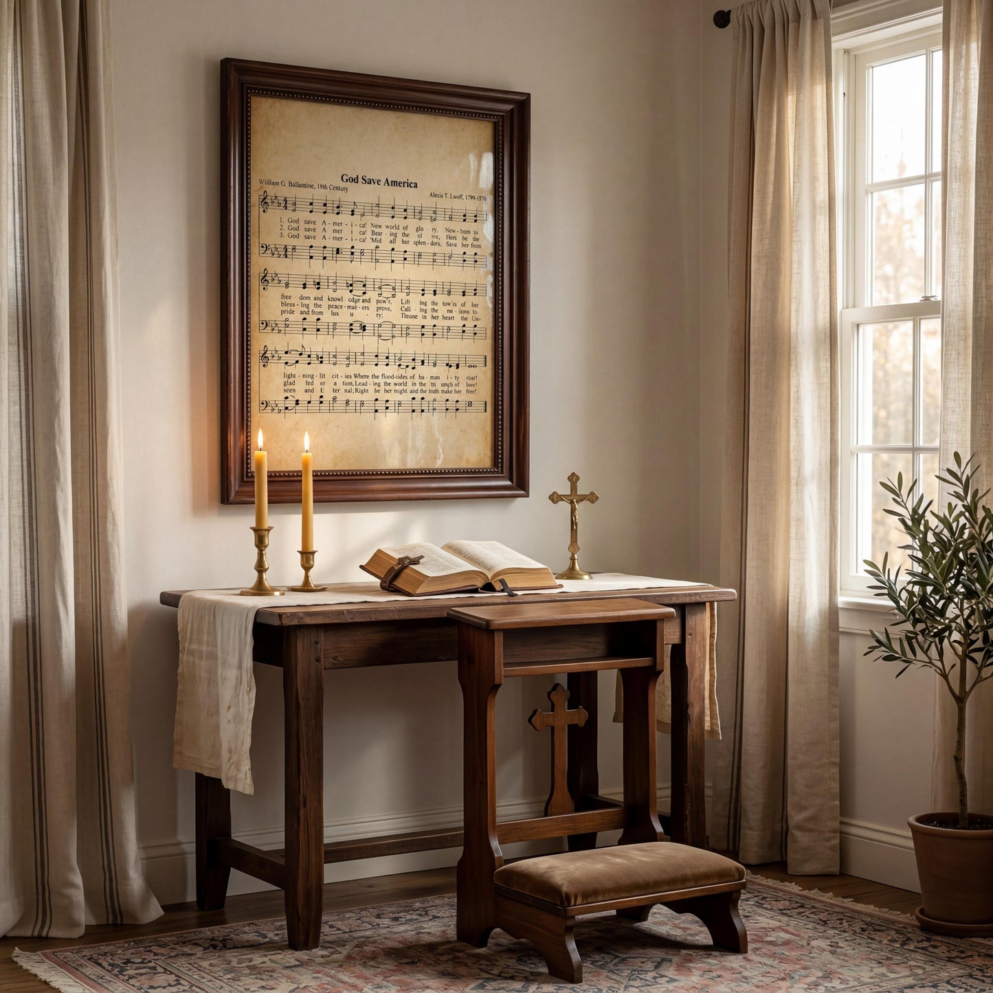 a serene and peaceful setting, featuring a wooden desk with a book, a cross, and a framed sheet of music. The desk is situated near a window, allowing natural light to illuminate the space. The overall atmosphere is calm and tranquil, with the presence of candles and a potted plant adding to the serene ambiance.