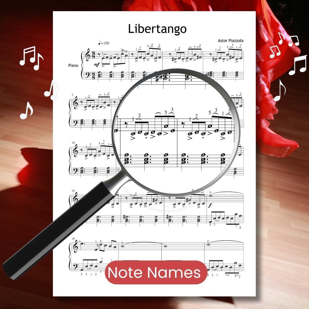 Libertango by Astor Piazzolla downloadable and simplified piano sheet music PDF displayed with note-name annotations, finger numbers, and color-coded notes in a clear Grade 5 format derived from the composer’s manuscript, ideal for intermediate students learning syncopated tango patterns.