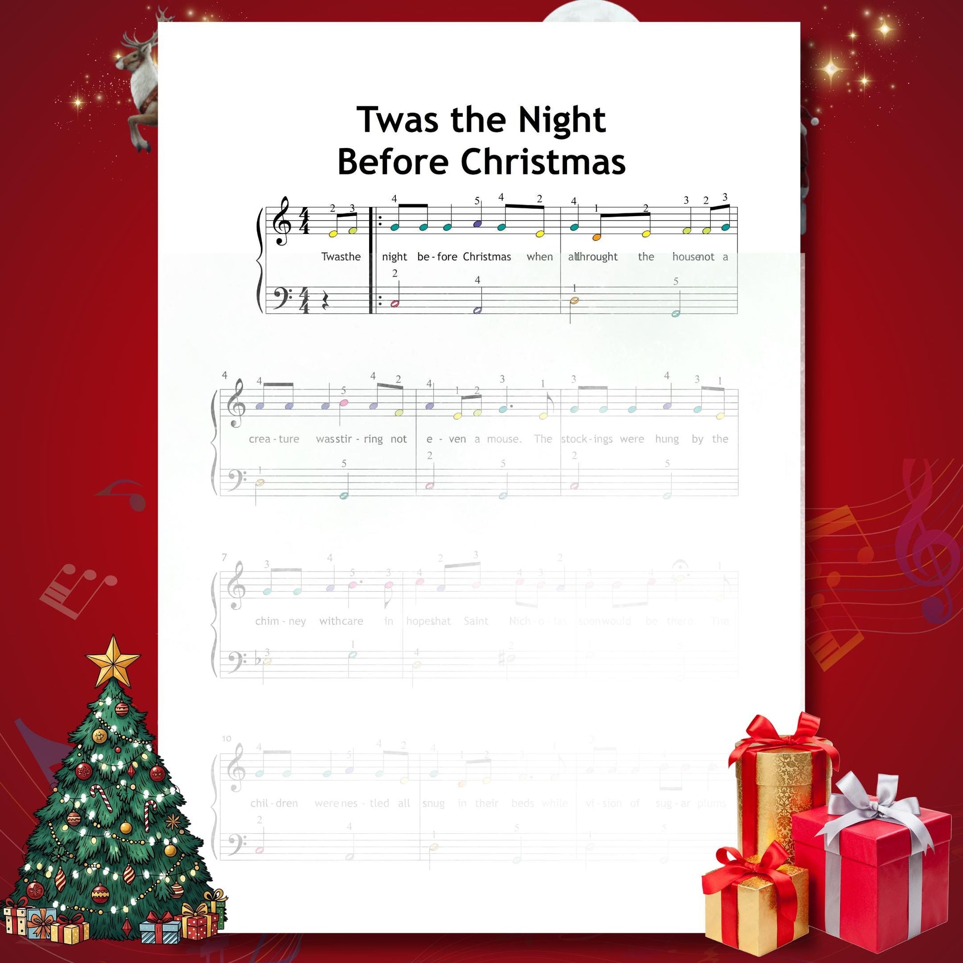 ’Twas the Night Before Christmas by Traditional beginner piano sheet music PDF includes predictable melodic patterns and lyrics, supporting smooth reading for early-level Christmas practice.