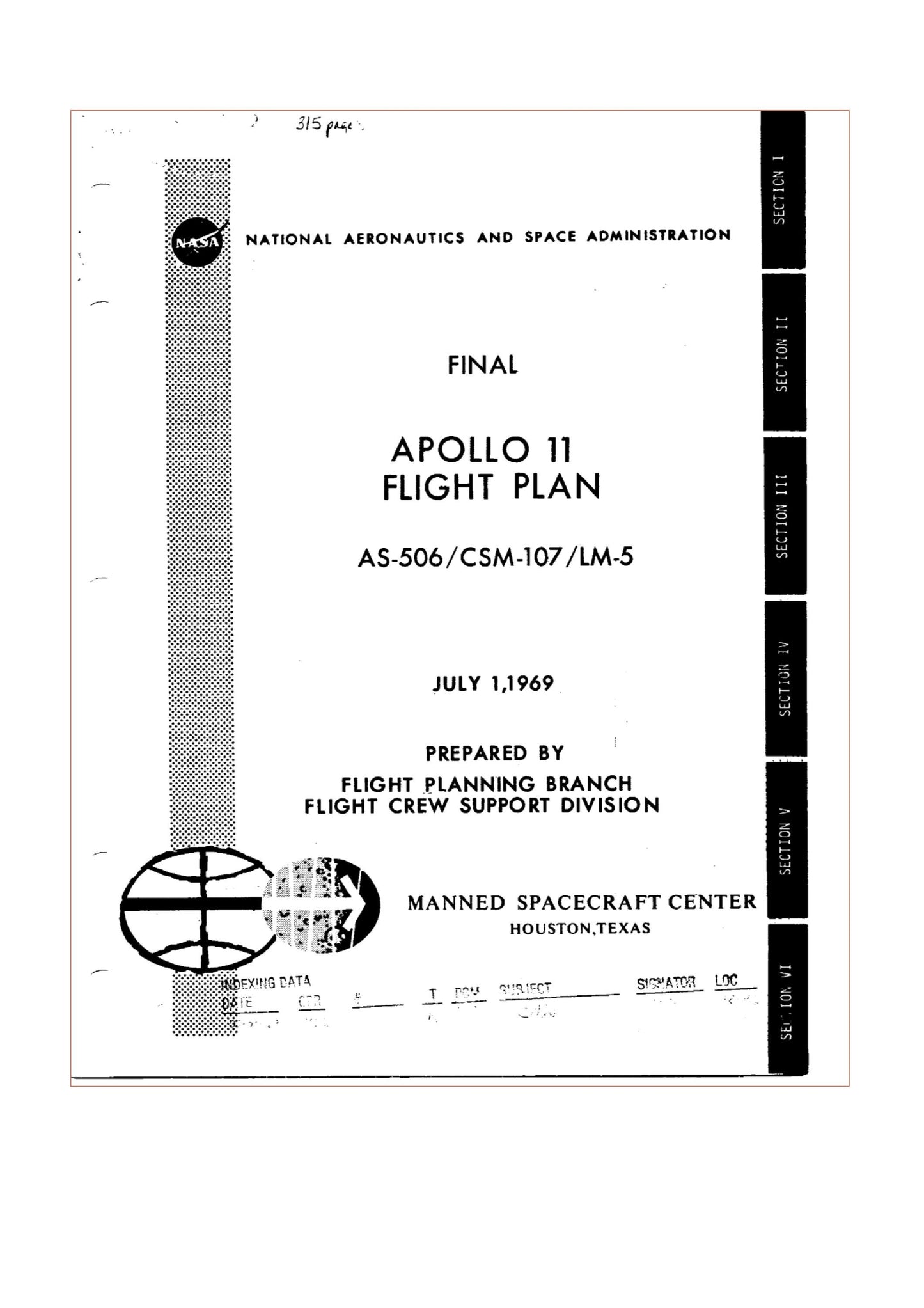 The image is a final report of the Apollo 11 flight plan for the mission, prepared by the Flight Planning Branch of the Flight Crew Support Division of the National Aeronautics and Space Administration.