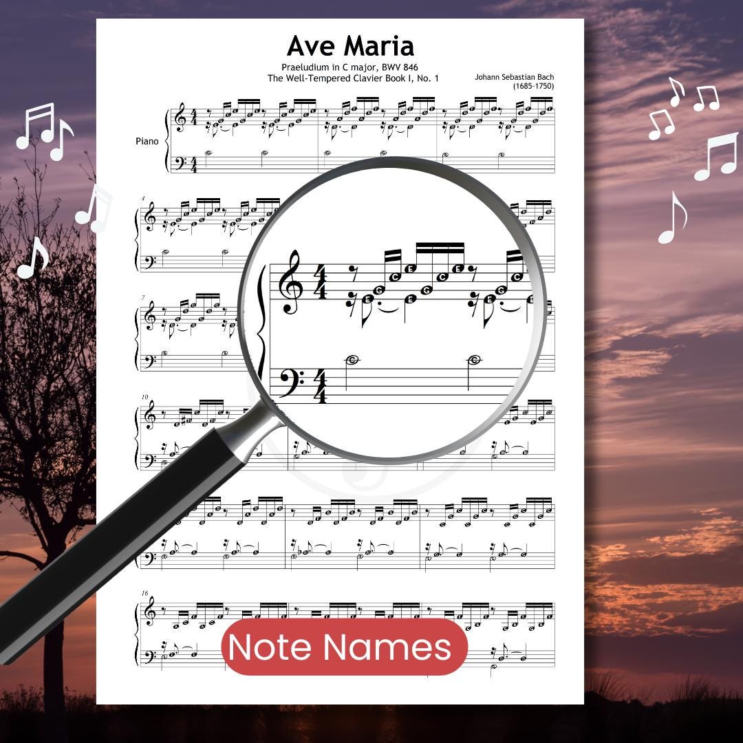 Ave Maria - Bach Prelude in C Major BWV 846 | Easy Piano Sheet Music PDF + Color Notes, Finger Numbers, MP3 & Video