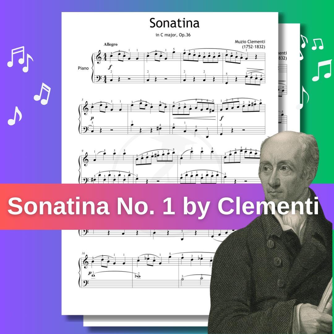 Sonatina No.1 in C Major by Muzio Clementi – downloadable and simplified piano sheet music PDF for Grade 2–3 pianists. Includes versions with finger numbers, color-coded notes, and letter names. Professionally engraved based on Clementi’s original score, this edition supports exam preparation and Classical-era interpretation. Ideal for piano teachers, structured lessons, and printable home study use.