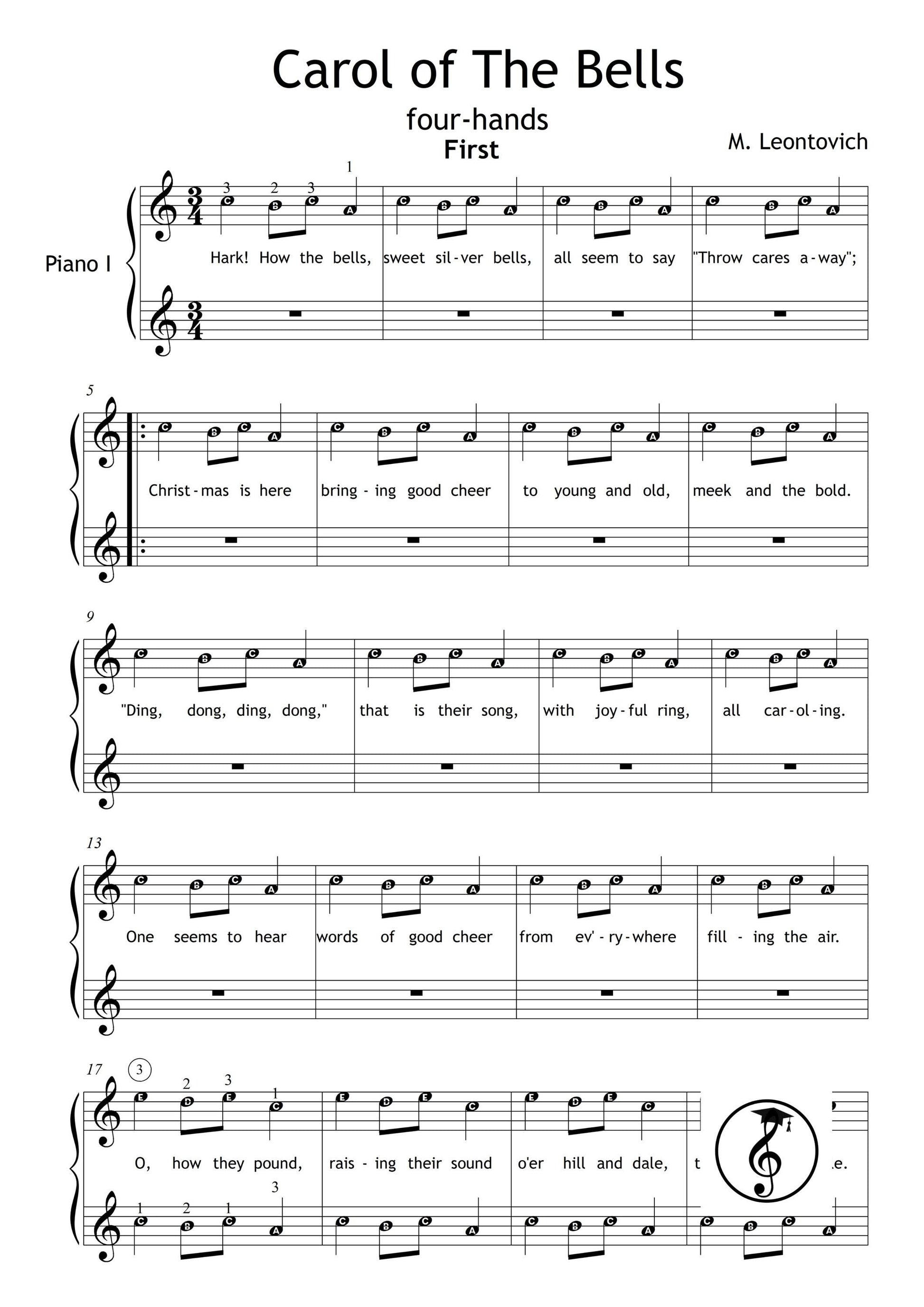 Carol of the Bells by Mykola Leontovych downloadable and simplified piano sheet music PDF providing a clear four-hand Grade 1 Christmas duet, complete with color notes, letter names, finger-numbered notation, MP3 demo, and AI-guided coordination video.