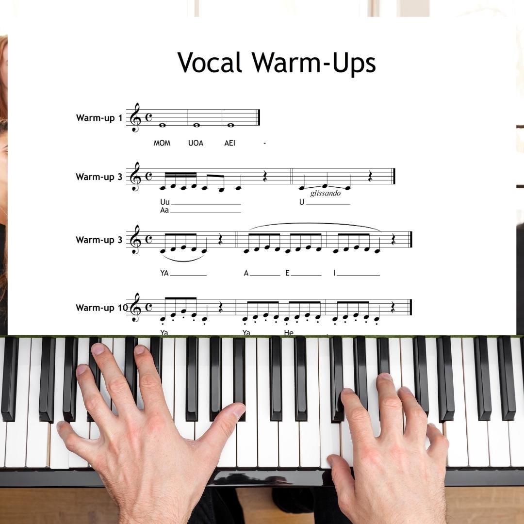 Vocal Warm-Ups digital download, 10 structured exercises in PDF with piano MP3 files, perfect for choir rehearsals, vocal lessons, or solo practice, covers ascending, descending, and interval patterns for confident daily singing.