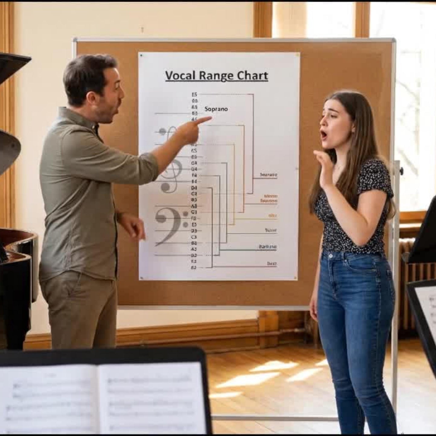 Vocal Range Chart for choir and voice training displayed as a professional theory aid for composers and arrangers, showing standard vocal ranges on the staff to assist with effective voice writing.
