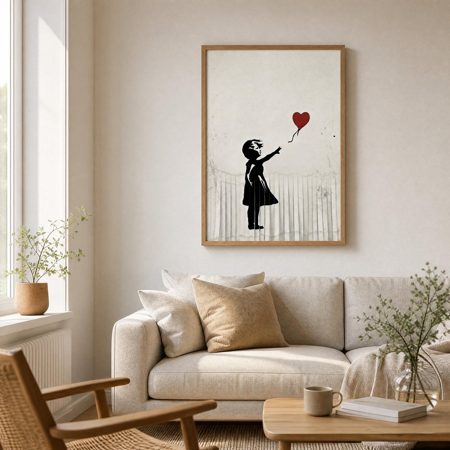 a cozy living room with a white sofa, a wooden coffee table, and a framed artwork of a girl holding a heart-shaped balloon.