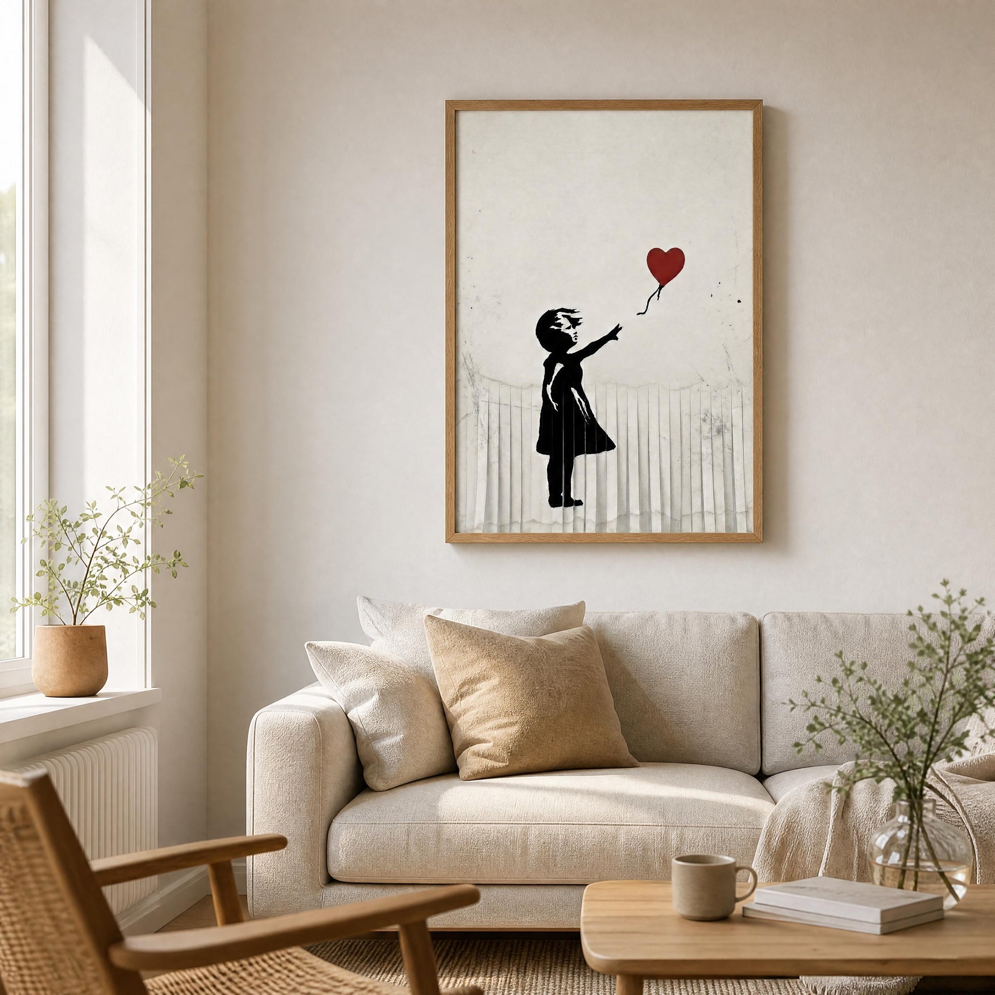a cozy living room with a white sofa, a wooden coffee table, and a framed artwork of a girl holding a heart-shaped balloon.