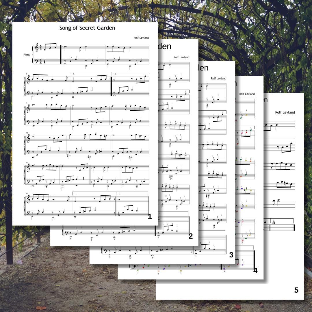 Complete pedagogical piano sheet set: clean, fingered, note-named, and color-coded versions. Ideal for music teachers. Bonus melody line in C can be used with violin, flute, or similar instruments.