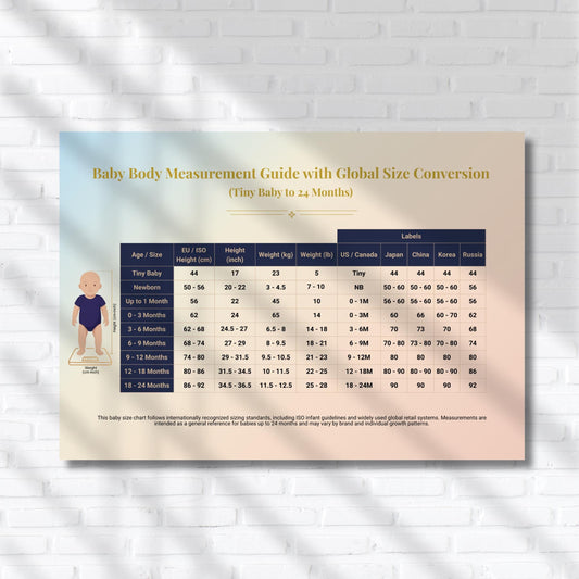 Printable Baby Size Reference Chart – International Height and Weight Guide from Newborn to 24 Months | Digital Download