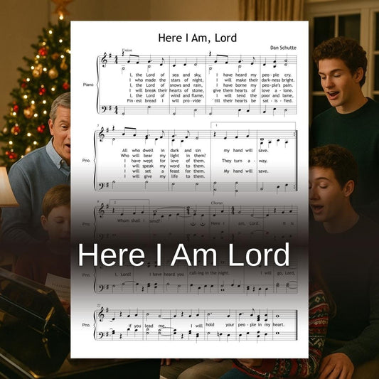 Here I Am, Lord by Dan Schutte SATB choir and piano sheet music PDF, printable sacred hymn arrangement with four-part choral harmonies and full piano accompaniment, ideal for church services, ordinations, and mission celebrations, instantly downloadable for worship and performance use.