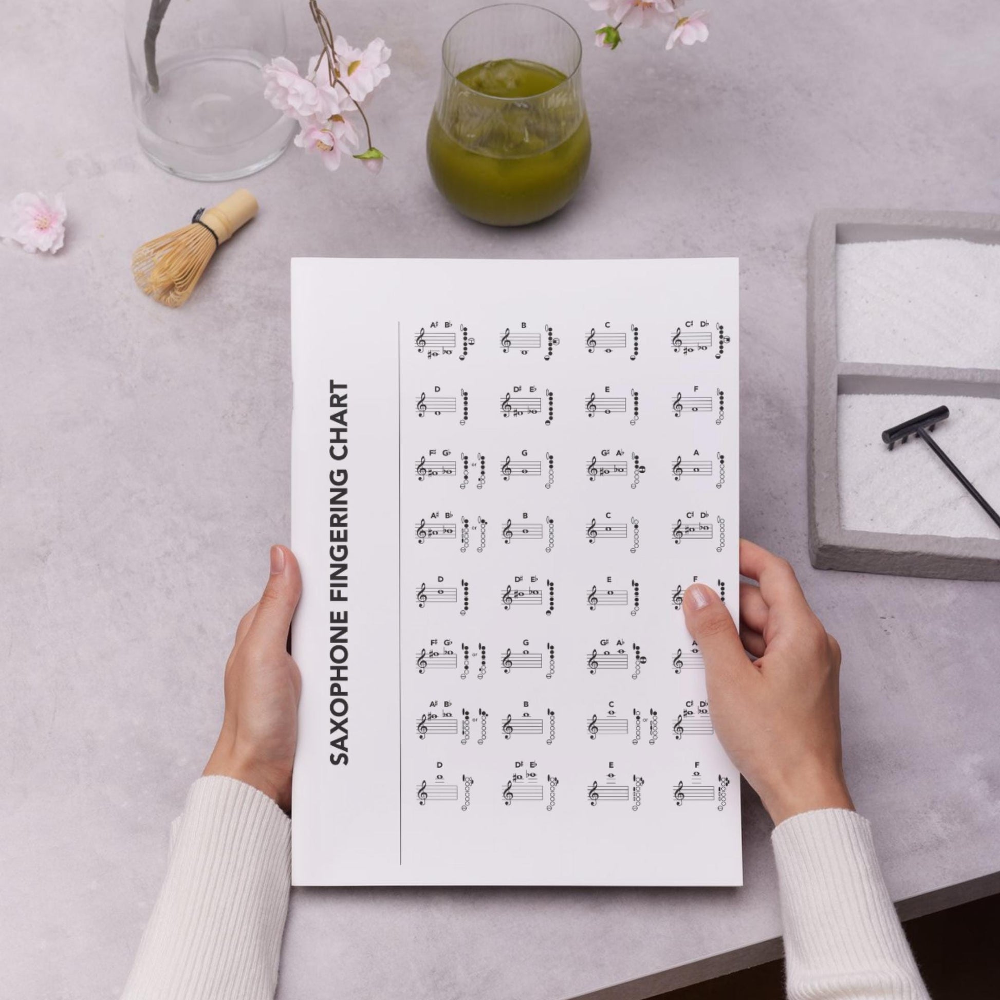 Saxophone Fingering Chart Set instant digital download, accurate note fingerings shown across all four saxophones, single-page posters formatted for small handouts, classroom walls, or large rehearsal hall displays.